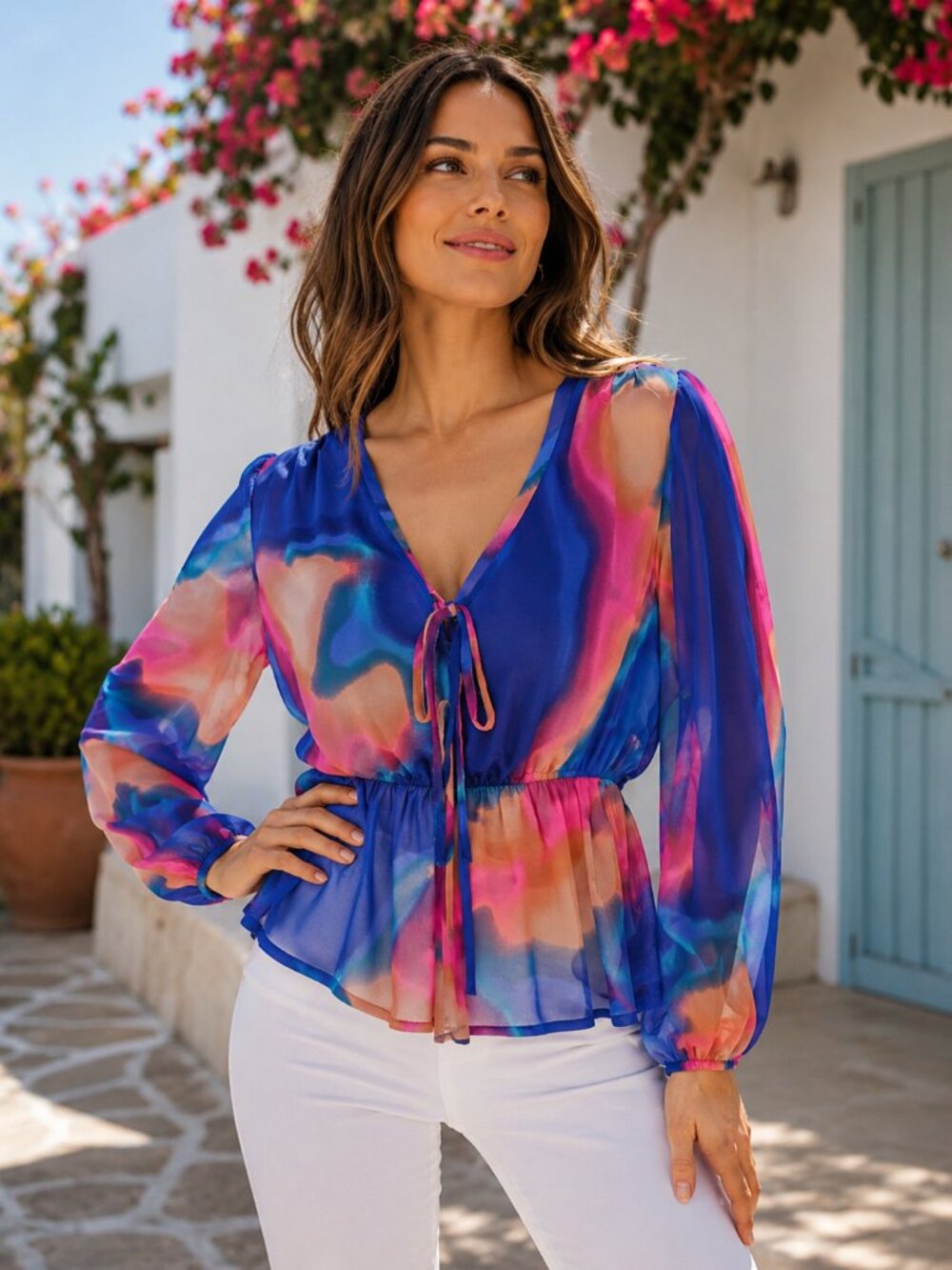 Nicole Miller Multicolor Abstract Chiffon Blouse – Size M  NWOT